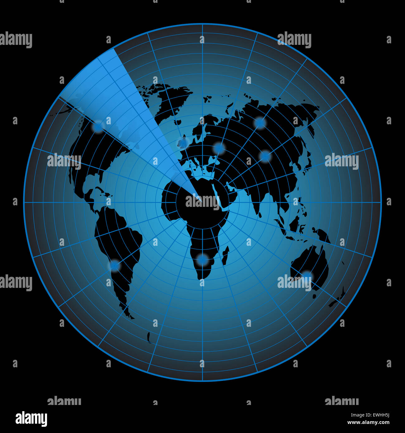 Radar map of the world. Screen and display, target and continent, vector graphic illustration