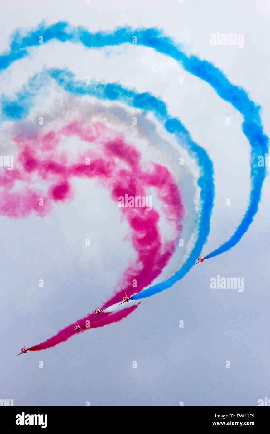 RAF airshow demonstration team Red Arrows performing at the Dutch Air Force Open Days. Stock Photo