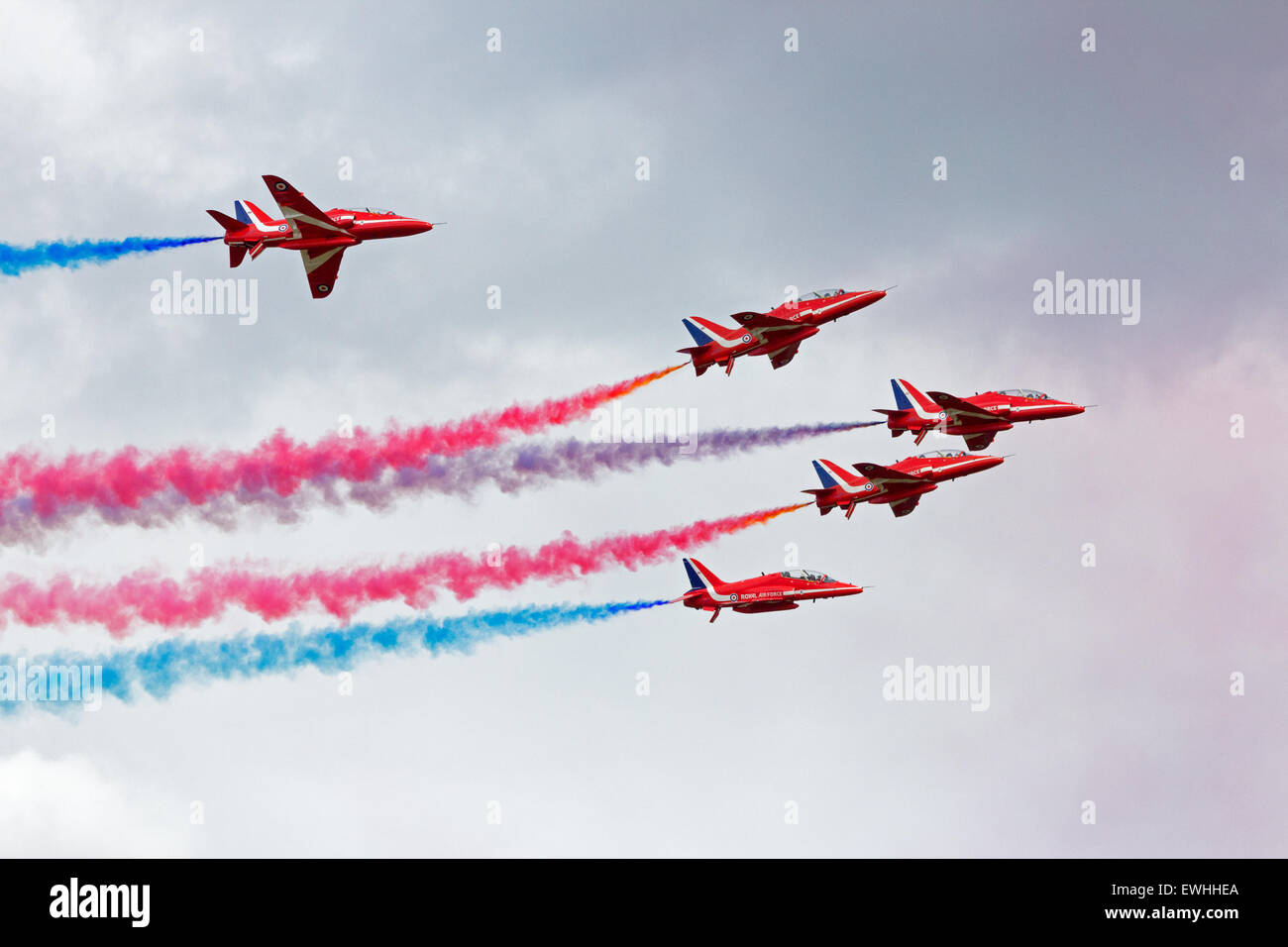 RAF airshow demonstration team Red Arrows performing at the Dutch Air Force Open Days. Stock Photo