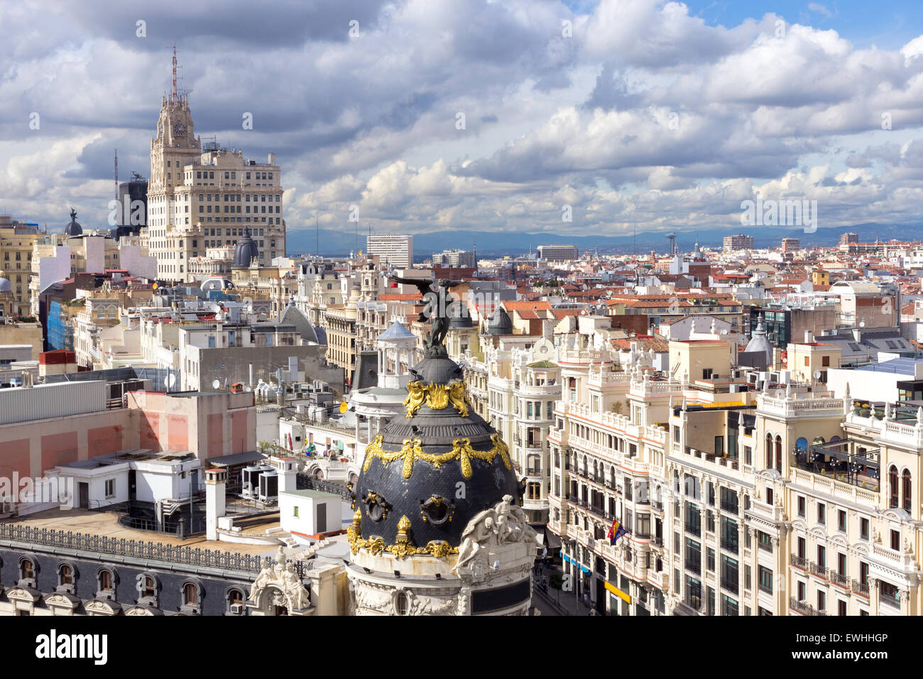 Panoramic view at Gran Via over Madrid, Spain. Stock Photo