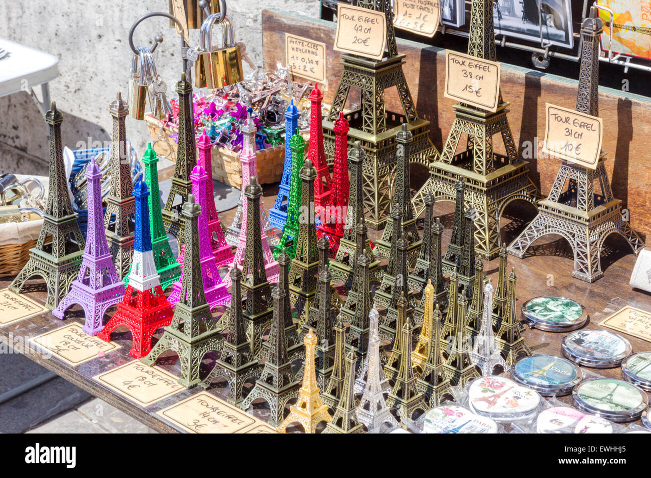 Eiffel tower statuettes being sold at a tourist stand in Paris, France. Stock Photo