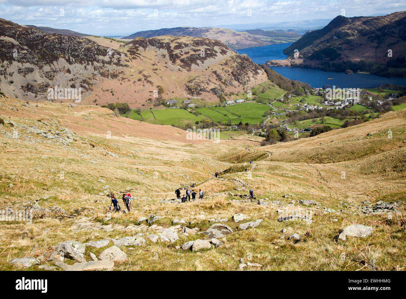 View of Ullswater lake and Glenridding village, Lake District, Cumbria, England, UK Stock Photo