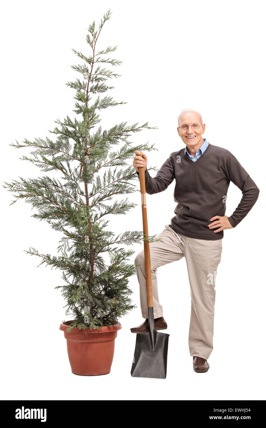 Full length portrait of a senior man holding a shovel and posing by a ...