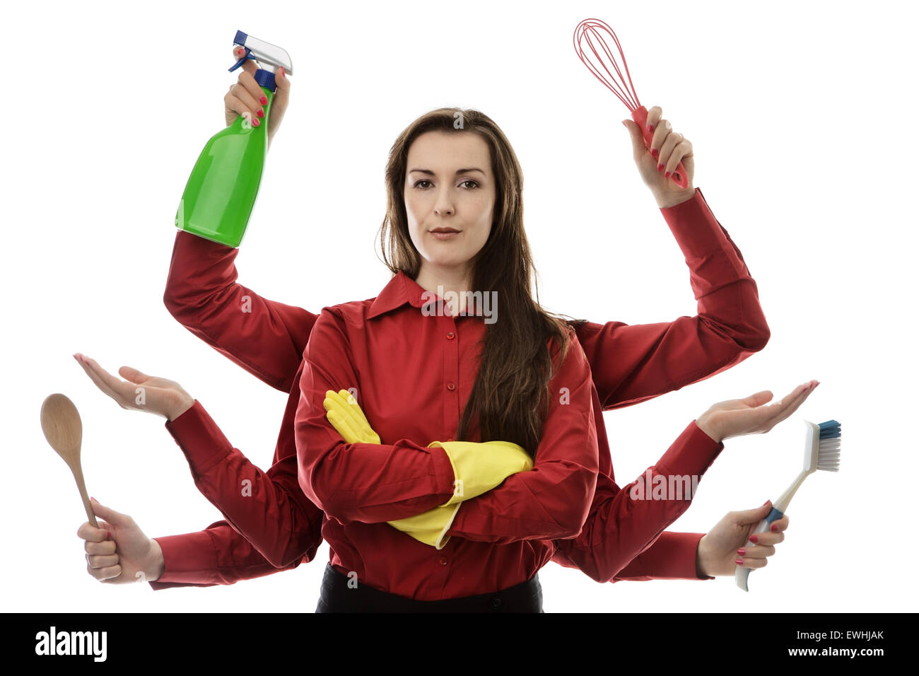 woman with many arms holding different objects in each hand to clean up