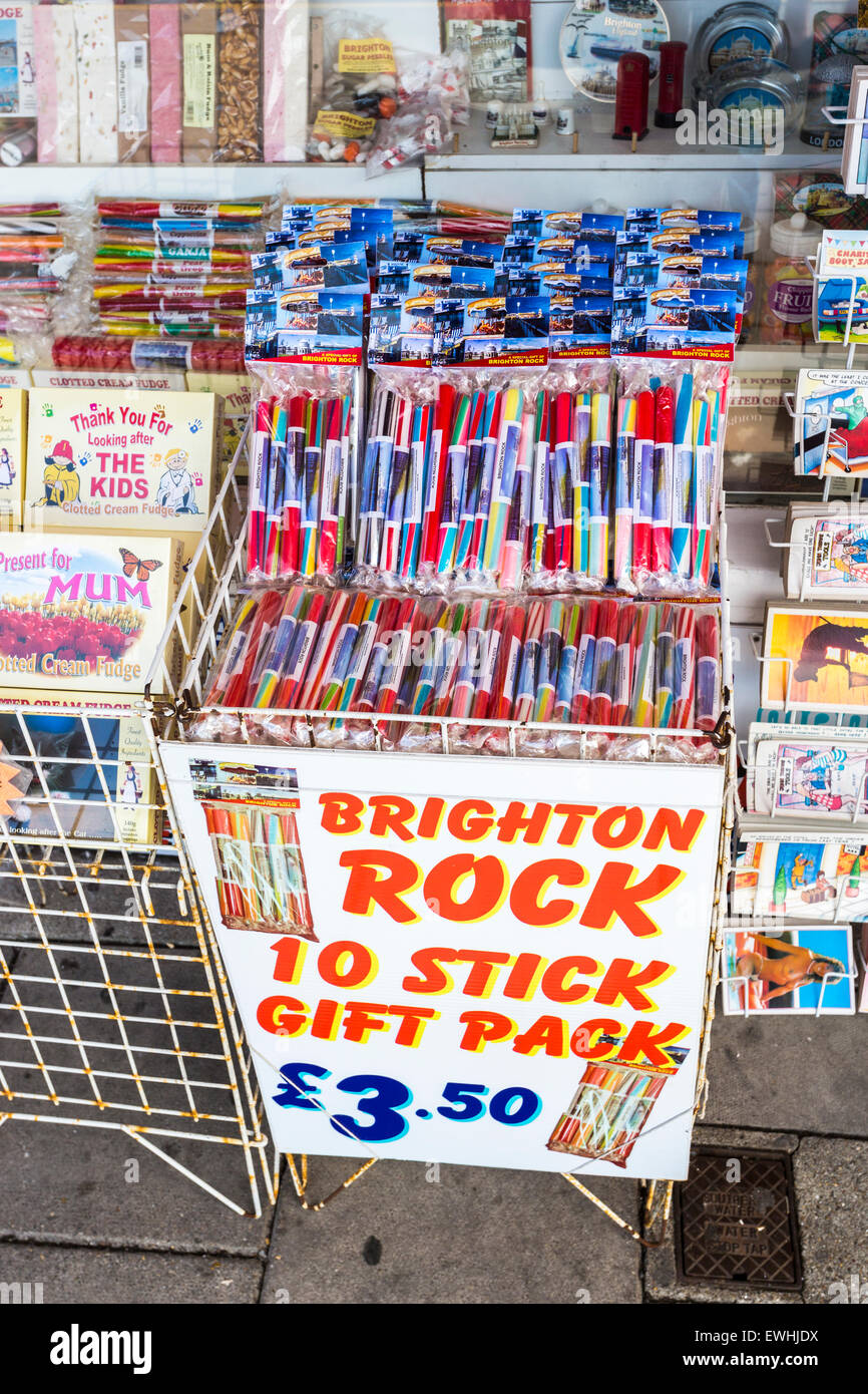 Colourful 'Brighton Rock' sticks of rock in a souvenir shop, Brighton, East Sussex, UK Stock Photo