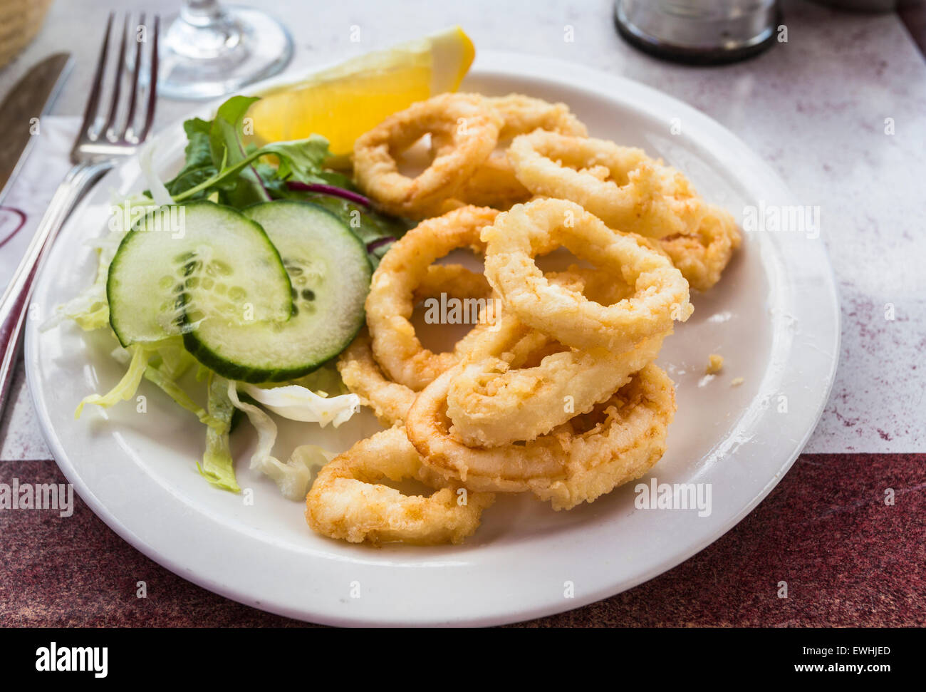 A plate of fried calamari (squid rings) with salad garnish served as a