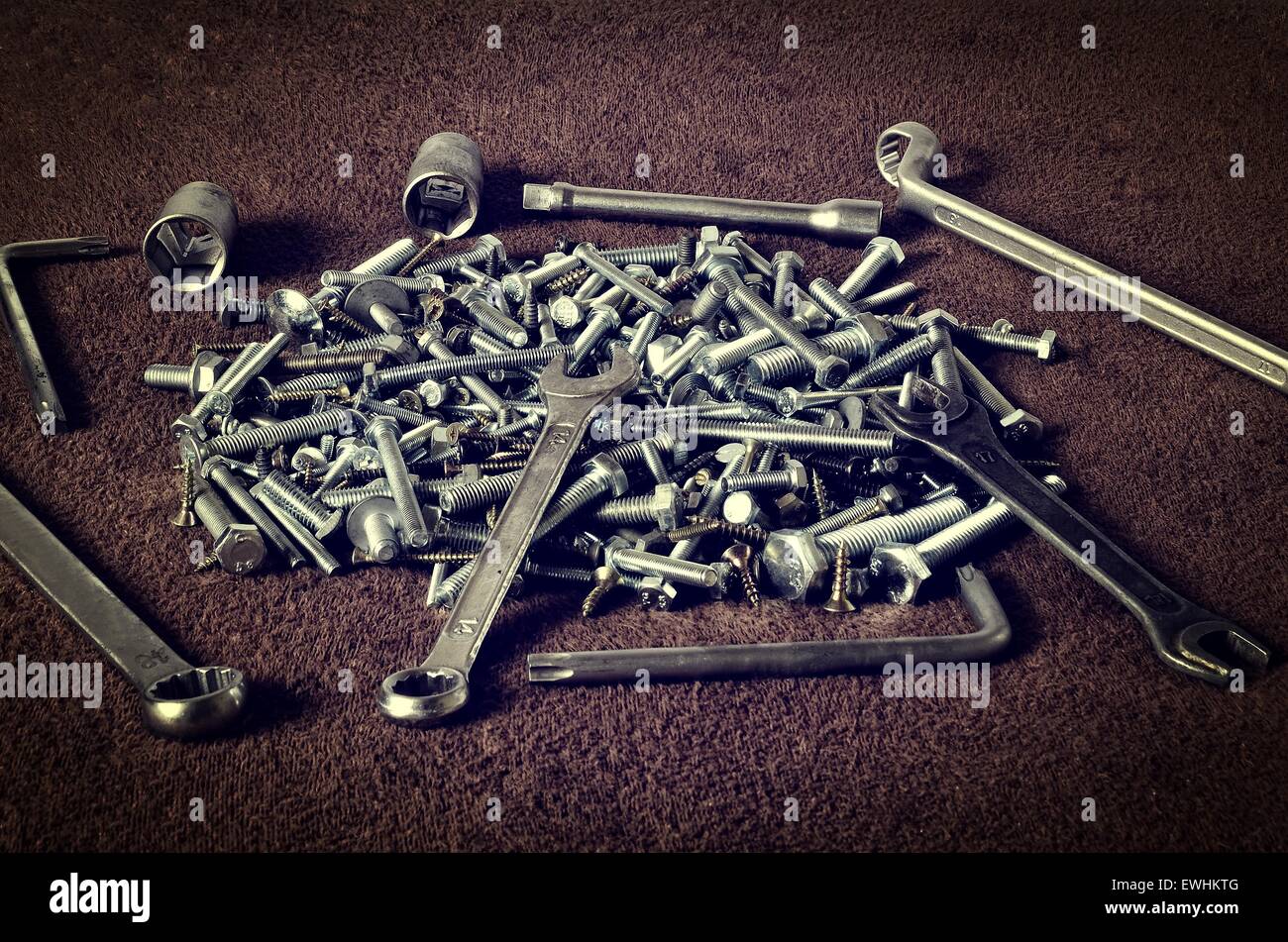 Group of screws and wrenches. Bolts, nuts, screws, wrenches, ring