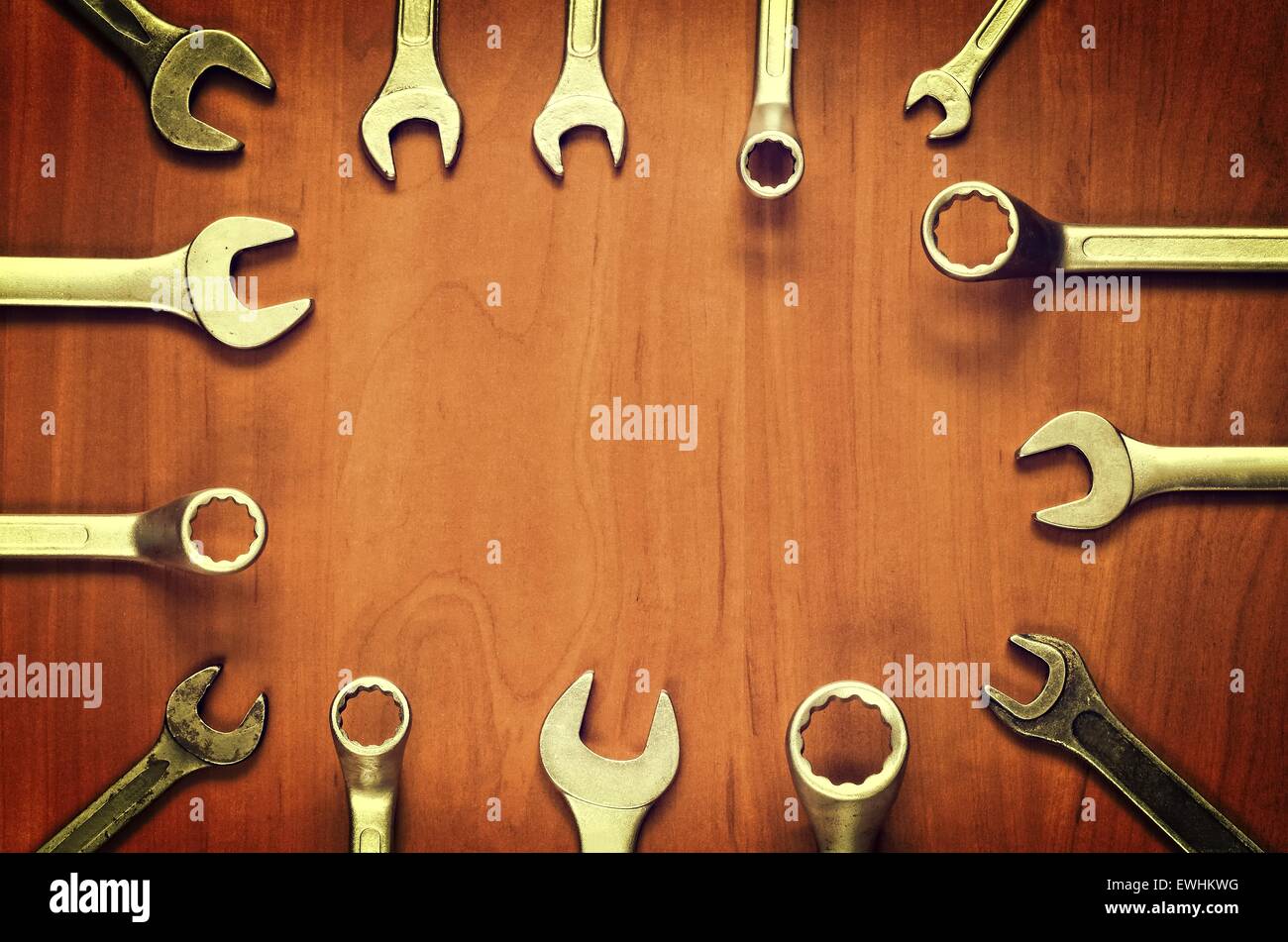 Wrenches frame. Wrenches and ring spanners in several different sizes