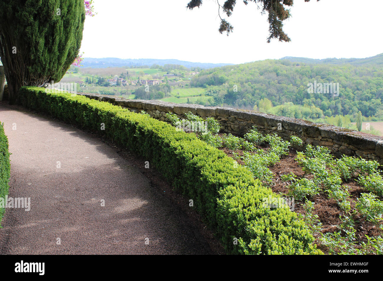 sweeping pathway on the side of the cliff at Gardens Du Marqueyssac Stock Photo