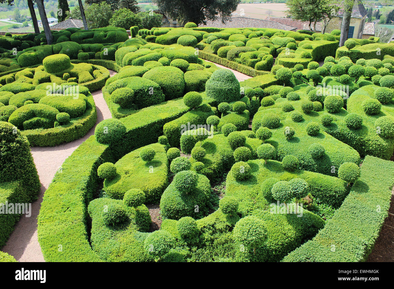 Unusual and creative clipped boxwood hedges, precise hand styling Stock Photo