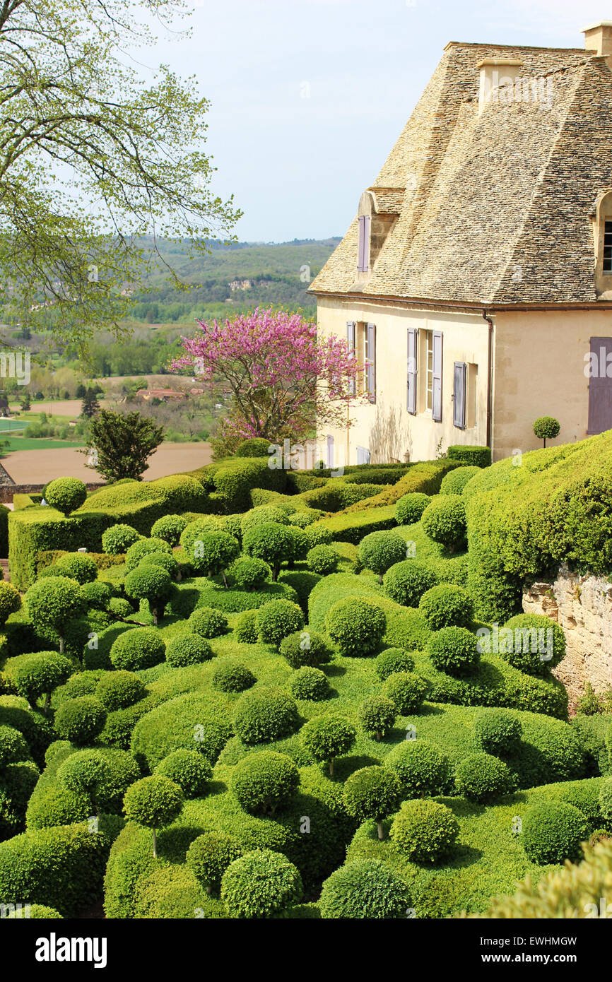 View of the Chateau du Marqueyssac, with Dordogne Valley in the background. Fantastic boxwood topiary  in foreground Stock Photo