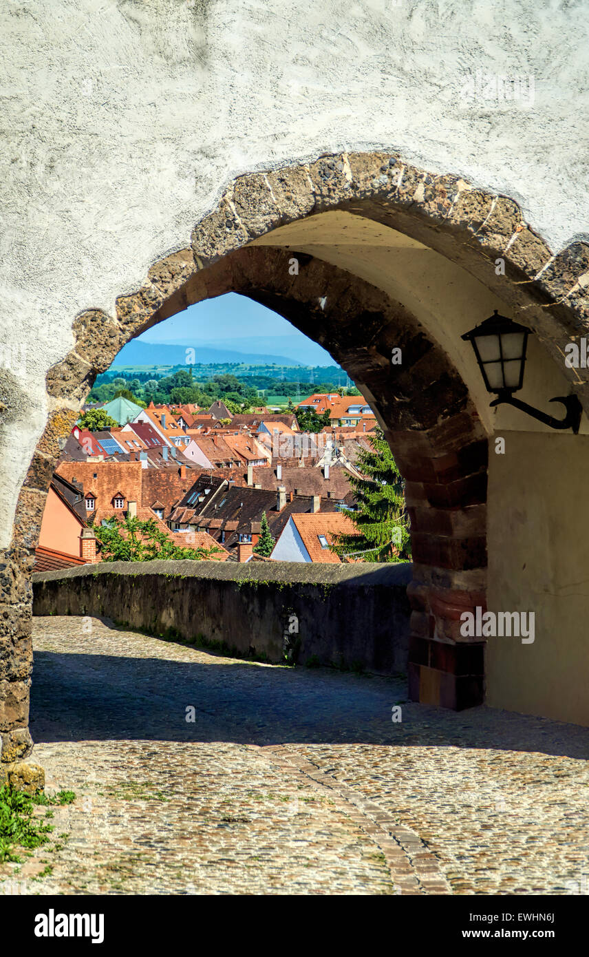 View through the gate from Hagenbach tower on the town of Breisach on the Rhine Stock Photo