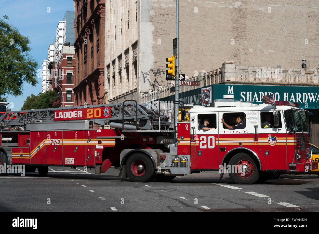A long fire truck from the East Village. East Village is probably the social mecca of New York. Unlike Greenwich Village, Villag Stock Photo