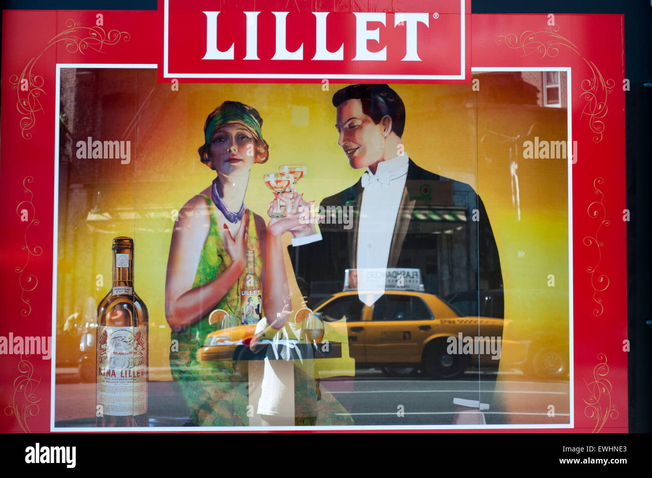 Kina Lillet advertising in New York city. Original advert from 1950s advertising LILLET aperitif alcohol drink in New York city. Kina Lillet 1904 poster for the French aperitif the white wine based tonic from the Gironde Stock Photo