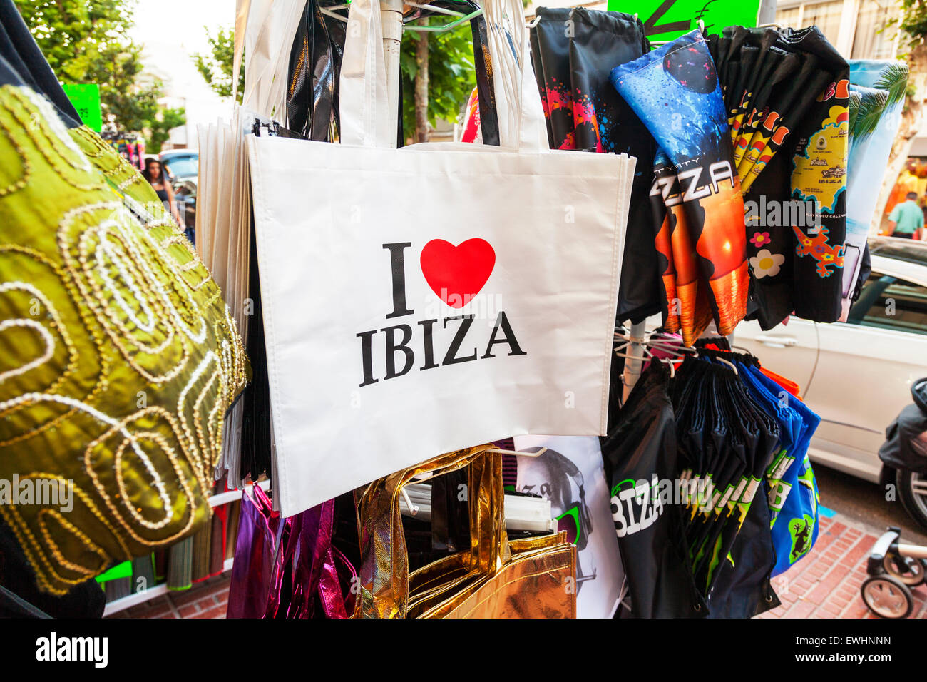 I love Ibiza sign bag words display Santa Eulalia Del Rio Ibiza Spain Spanish resort Stock Photo