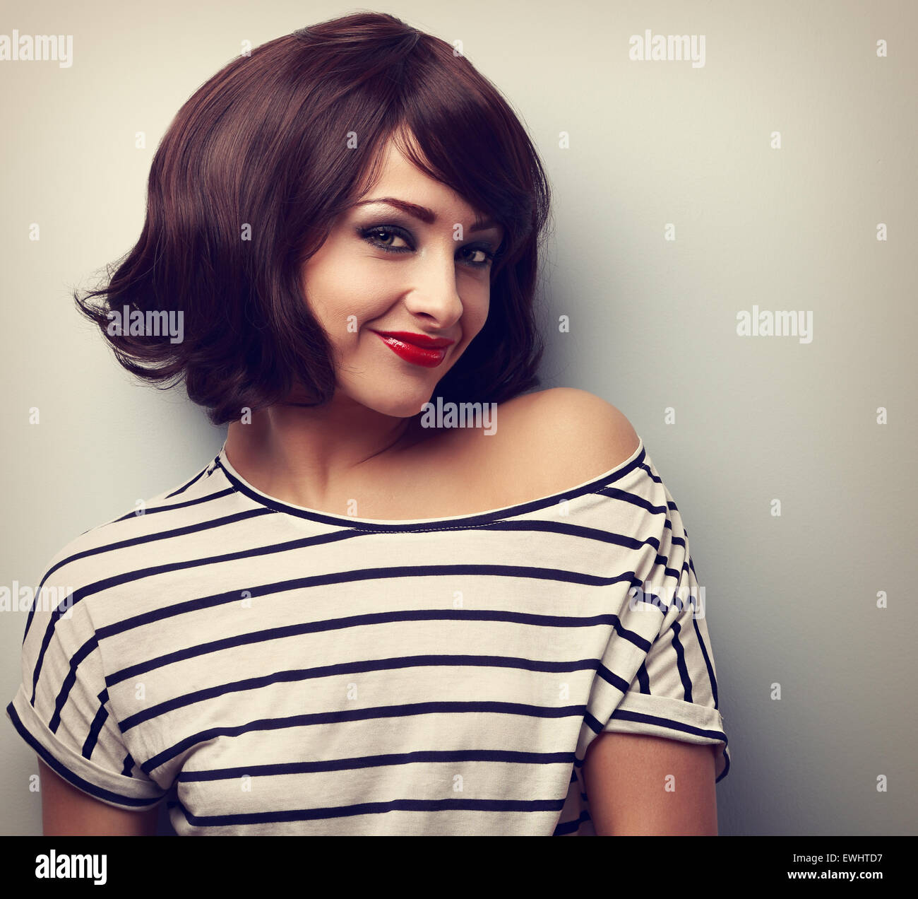 Short Hair Style Makeup Happy Young Woman Vintage Closeup