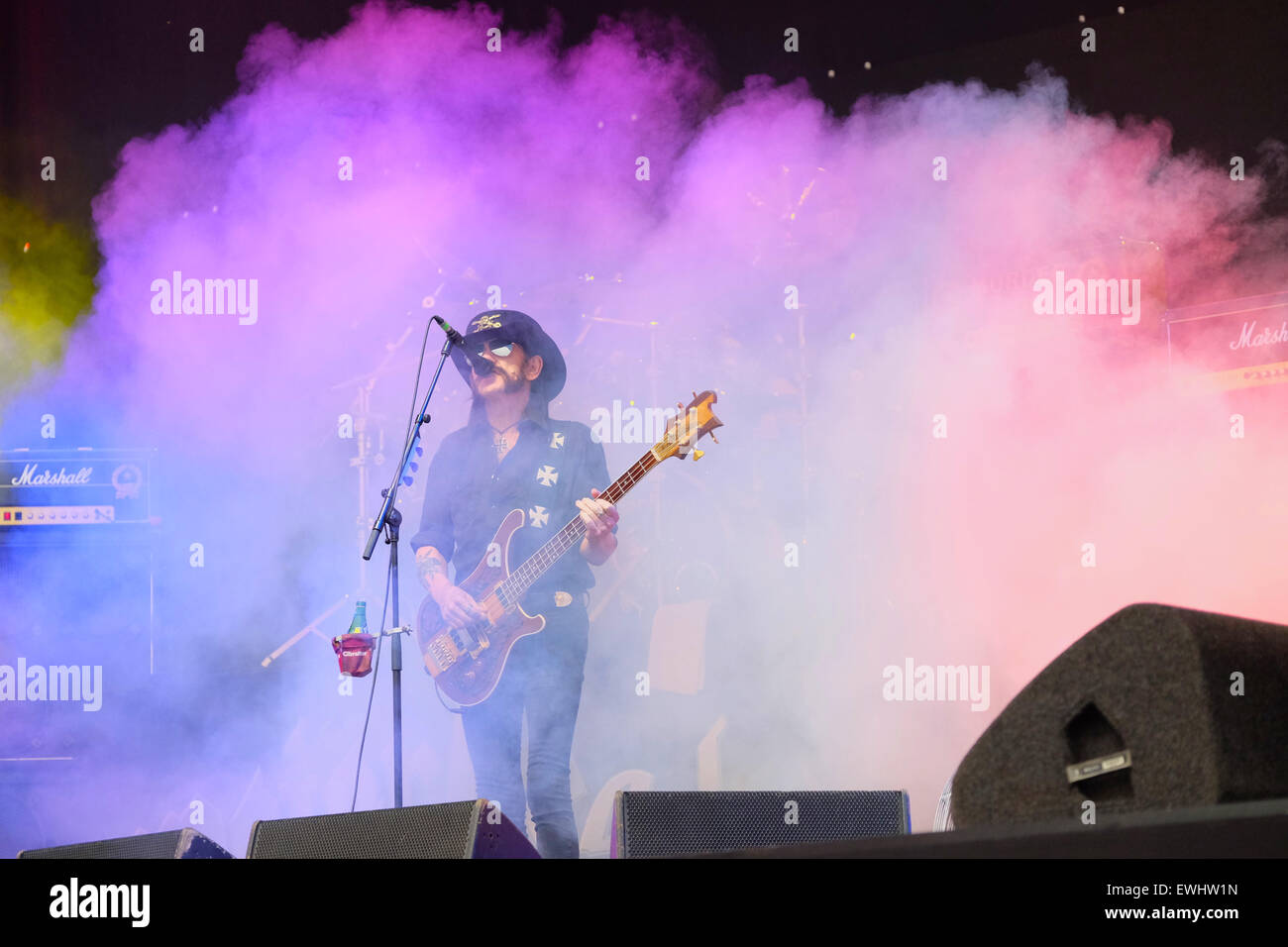 Glastonbury Festival, Somerset, UK. 26 June 2015. Motorhead play the Pyramid Stage. Lemmy and the rest of the legendary band now in their 40th year are still one of the best known metal bands on the planet. Credit:  Tom Corban/Alamy Live News Stock Photo