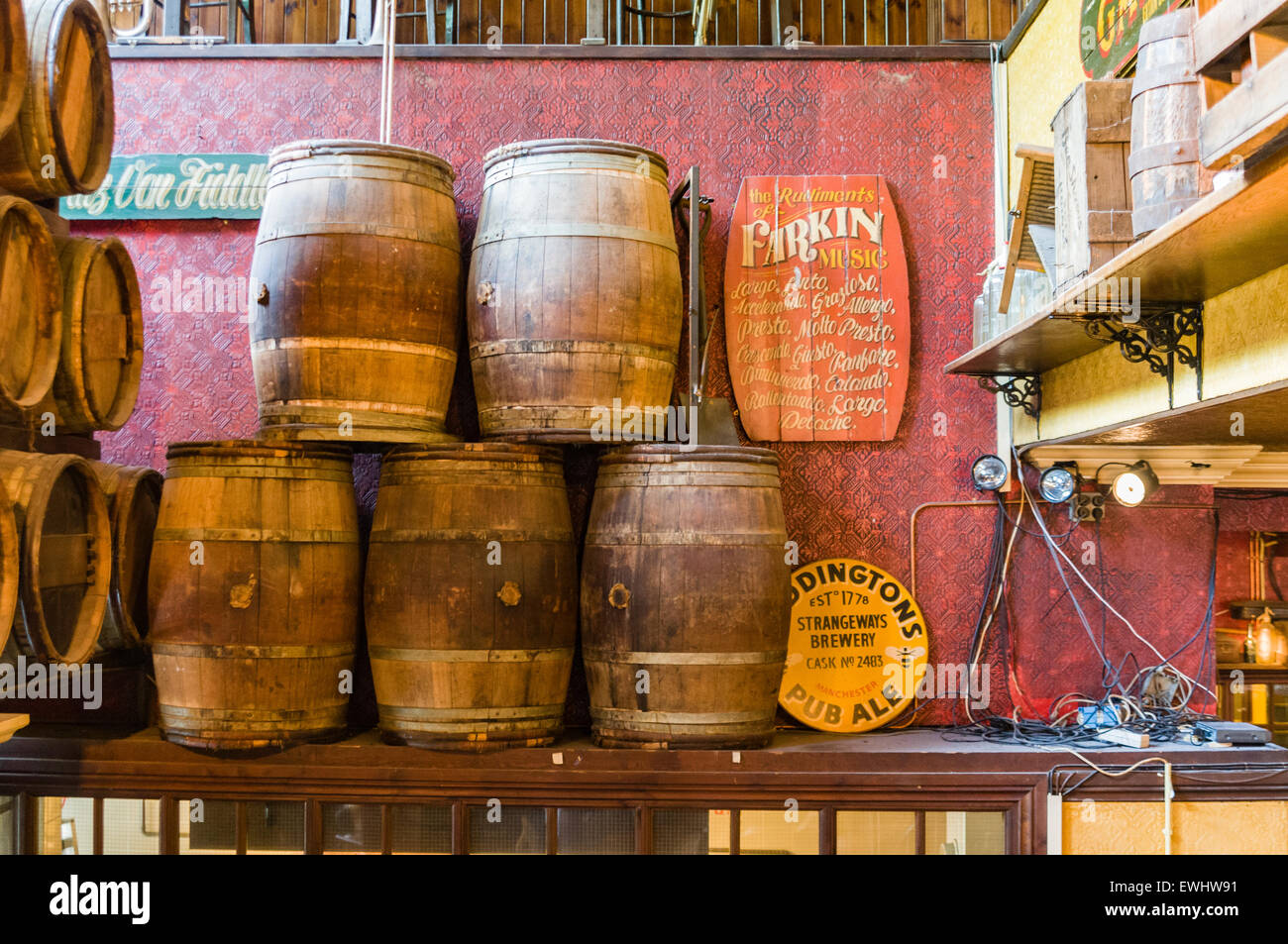 Barrels inside an Irish themed pub in the Netherlands Stock Photo