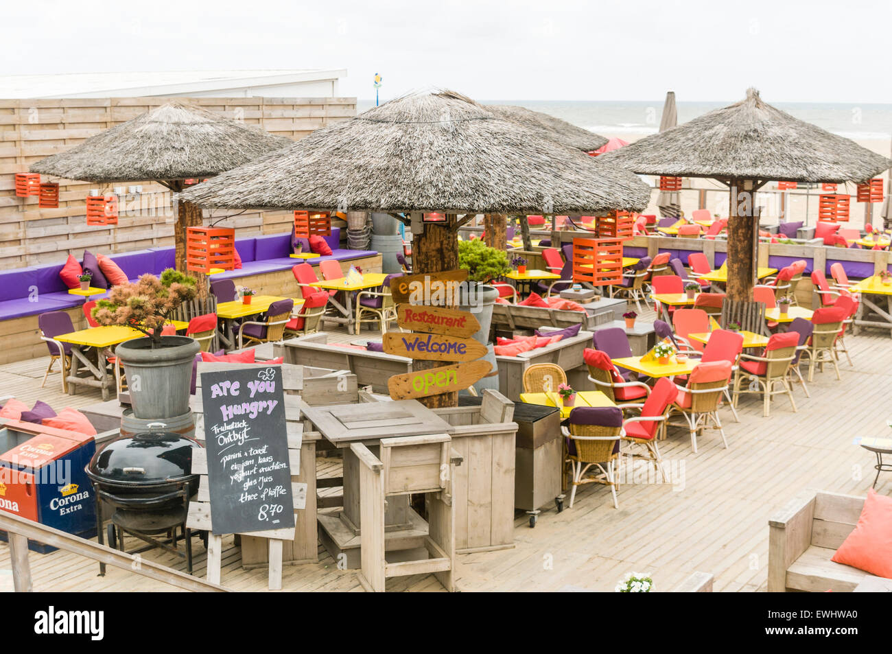 Outdoor restaurant at Scheveningen strand Stock Photo