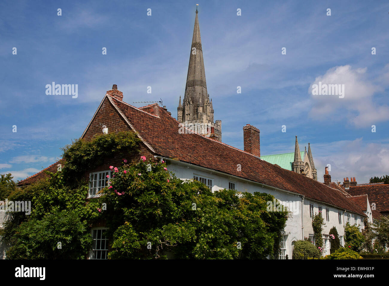 Traditional English Cottages in Chichester with the cathedral in the background Stock Photo