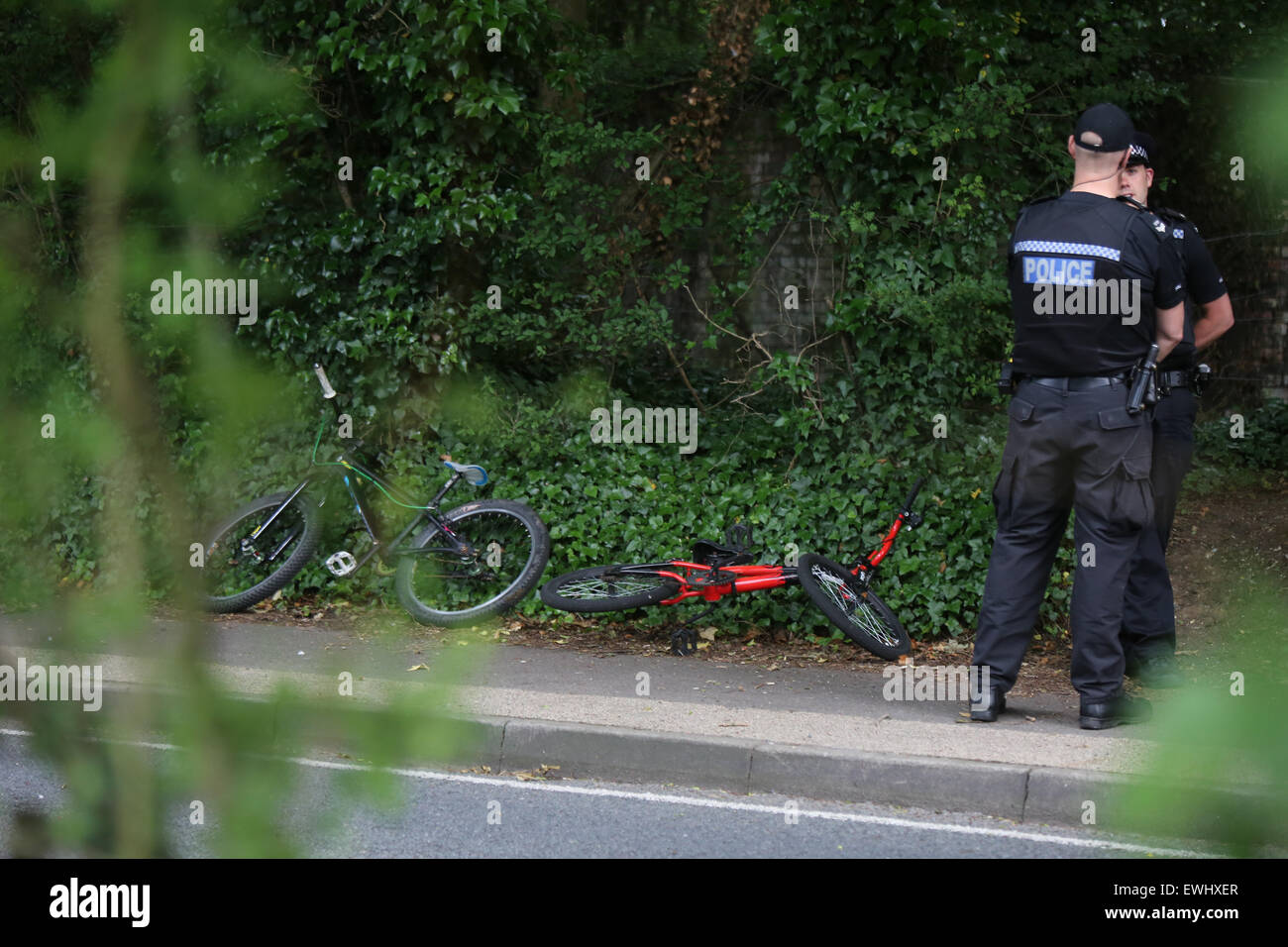 Havant, Hampshire, UK. 26th June, 2015. Scene Where Two School Children have been stabbed Police say a man has been arrested following a serious assault on two children in Havant. The incident happened in Southleigh Road, which is used by many pupils at two schools in the area. A Hampshire Police spokesman said: ‘We were called at 2.56pm today by a member of the public. Police deployed immediately to the scene near the junction of Southleigh and Eastleigh Road, and arrested a man. He has been taken into custody. Credit:  jason kay/Alamy Live News Stock Photo