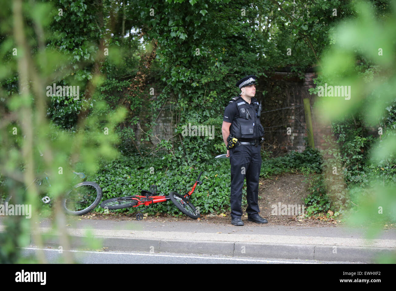 Havant, Hampshire, UK. 26th June, 2015. Scene Where Two School Children have been stabbed Police say a man has been arrested following a serious assault on two children in Havant. The incident happened in Southleigh Road, which is used by many pupils at two schools in the area. A Hampshire Police spokesman said: ‘We were called at 2.56pm today by a member of the public. Police deployed immediately to the scene near the junction of Southleigh and Eastleigh Road, and arrested a man. He has been taken into custody. Credit:  jason kay/Alamy Live News Stock Photo