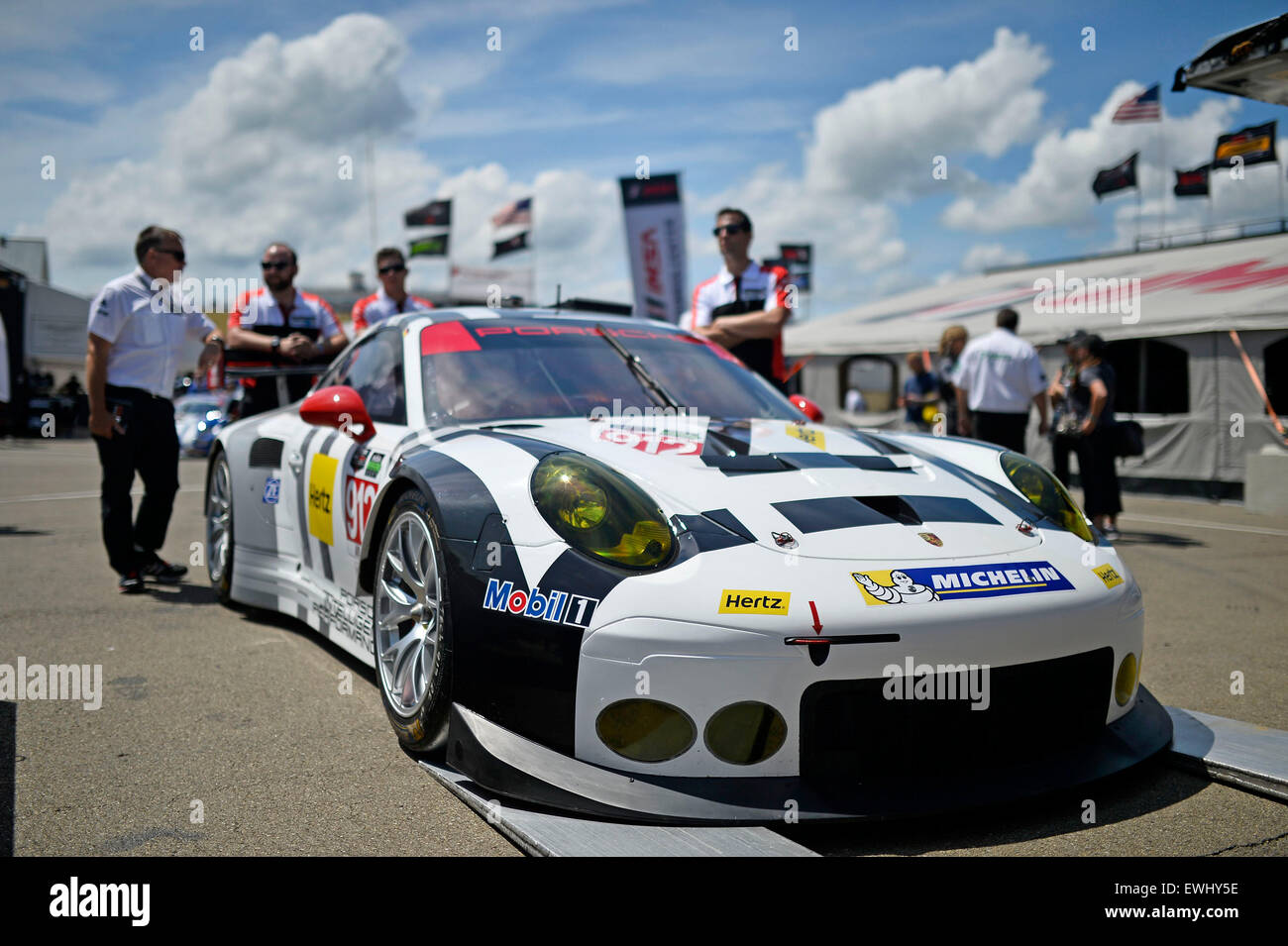 Watkins Glen, NY, USA. 14th Mar, 2015. Watkins Glen, NY - Jun 26, 2015: The Porsche North America Porshce waits for inspection for the Sahlens Six Hours of The Glen for the TUDOR Championship at Watkins Glen International in Watkins Glen, NY. © csm/Alamy Live News Stock Photo