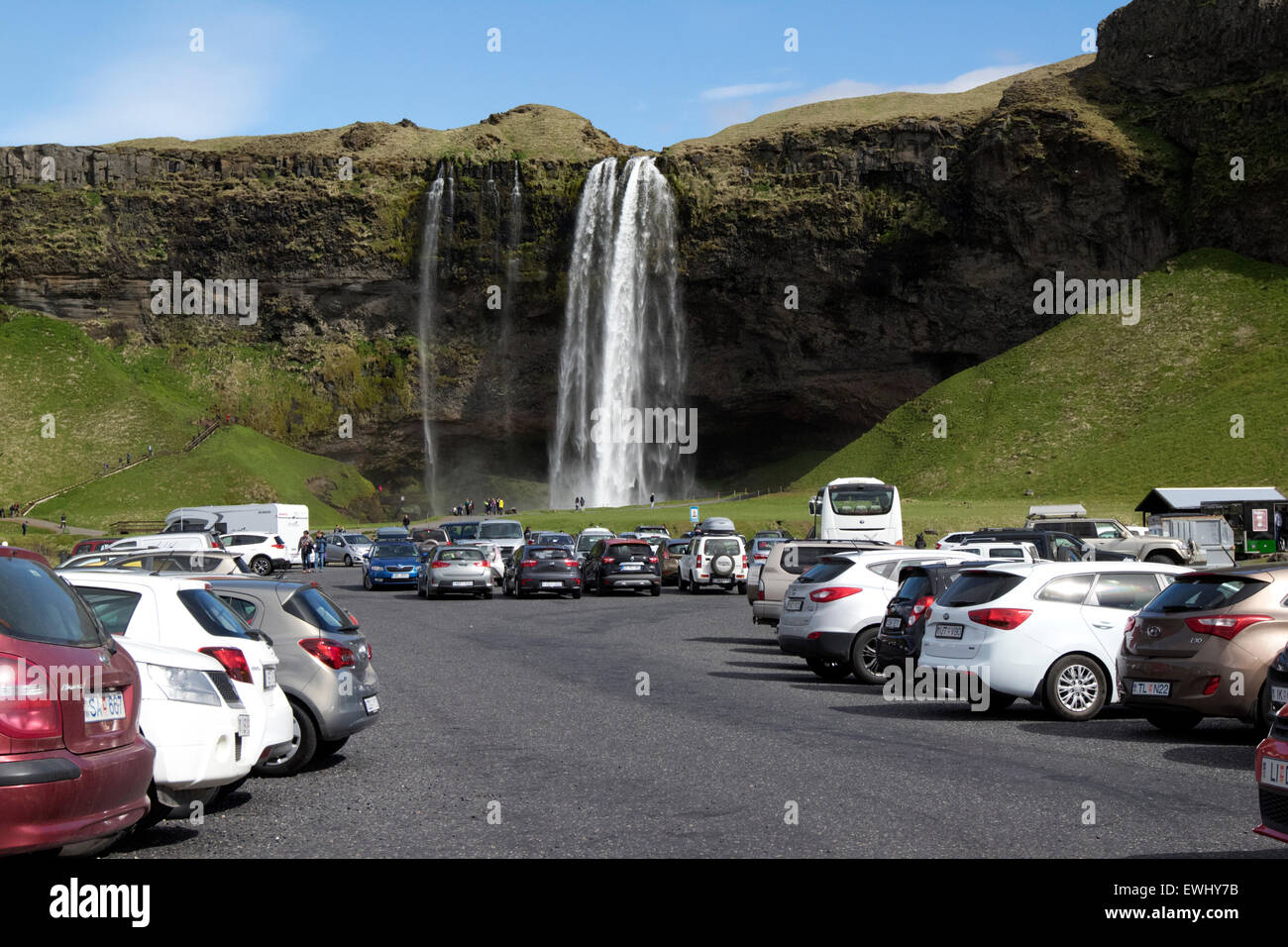 busy tourist carpark at Seljalandsfoss waterfall iceland Stock Photo