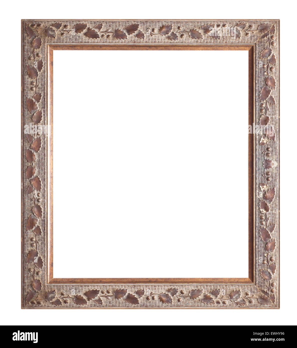 Antique look gold color picture frame isolated on white. Stock Photo