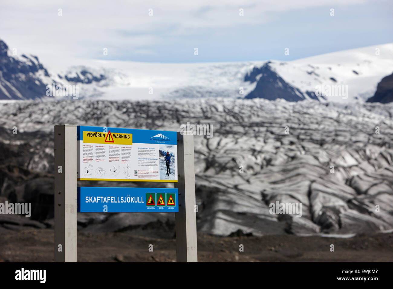 safety warning sign at Skaftafell glacier Vatnajokull national park in Iceland Stock Photo