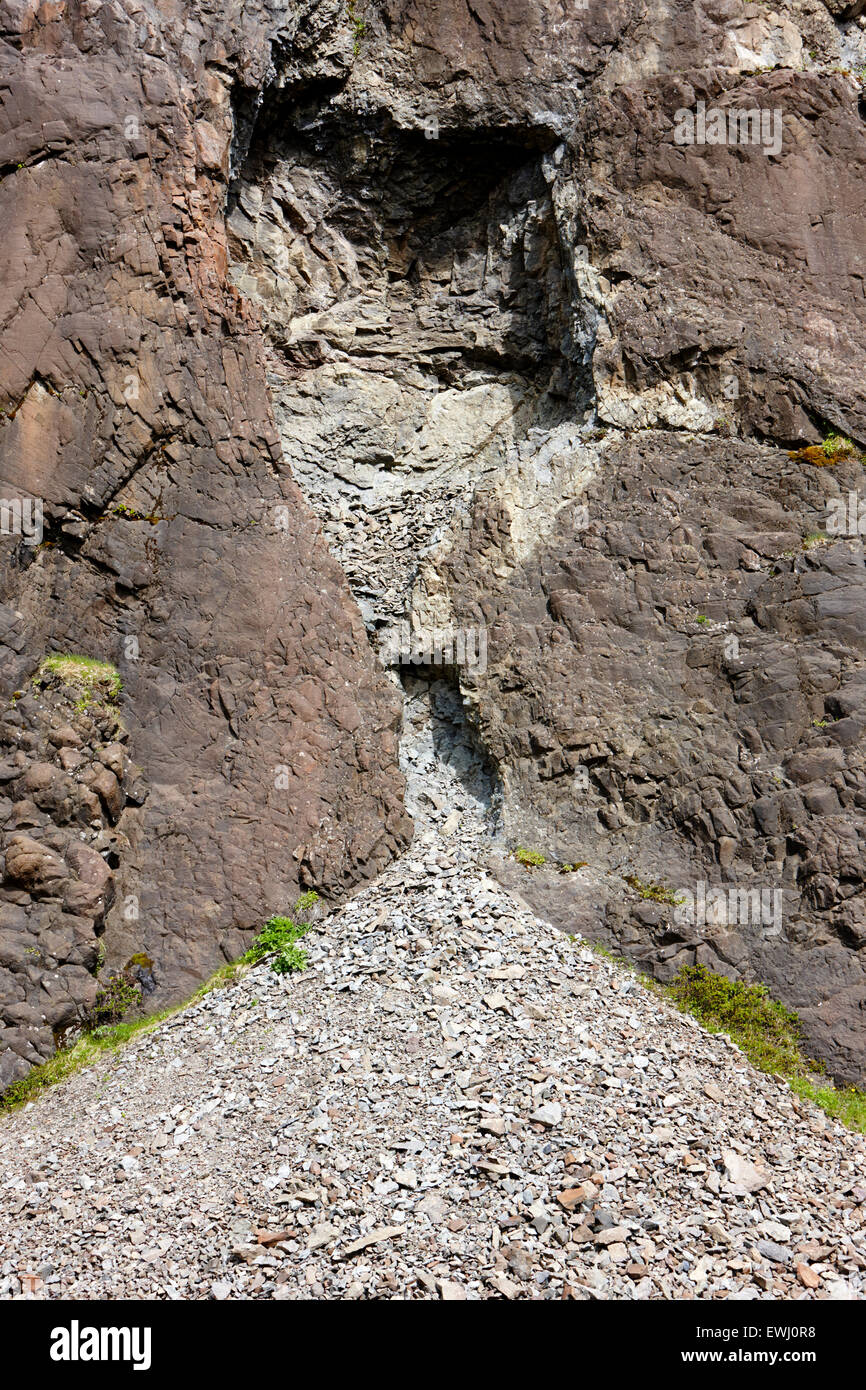 rock face cavity and frost and ice weathered scree rocks in Iceland Stock Photo