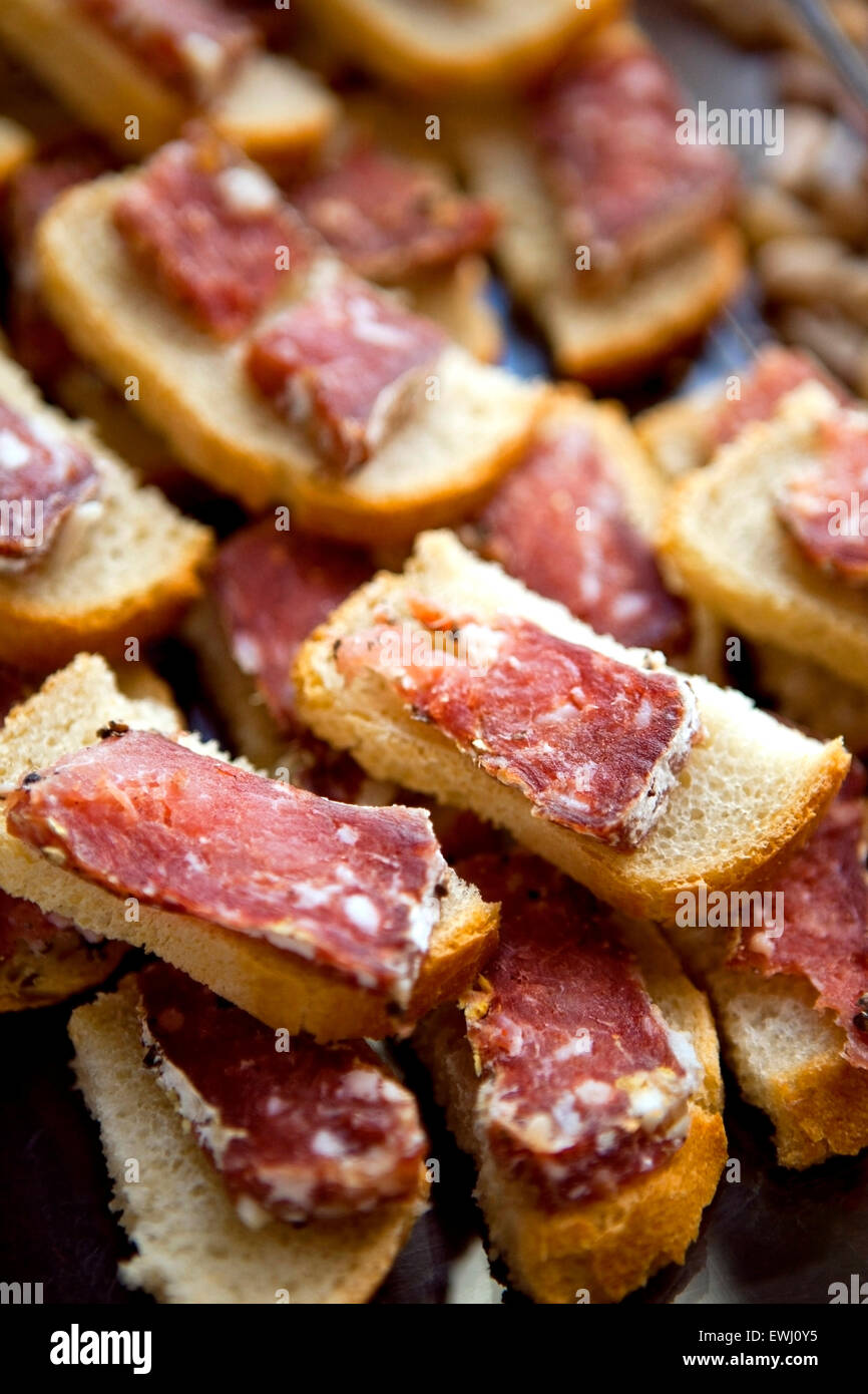 Close up of French sausage on toasts Stock Photo
