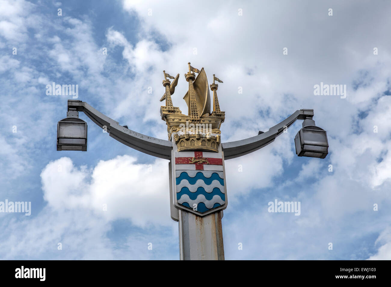 Ship and emblem of Battersea in London on a lamp post in Battersea on