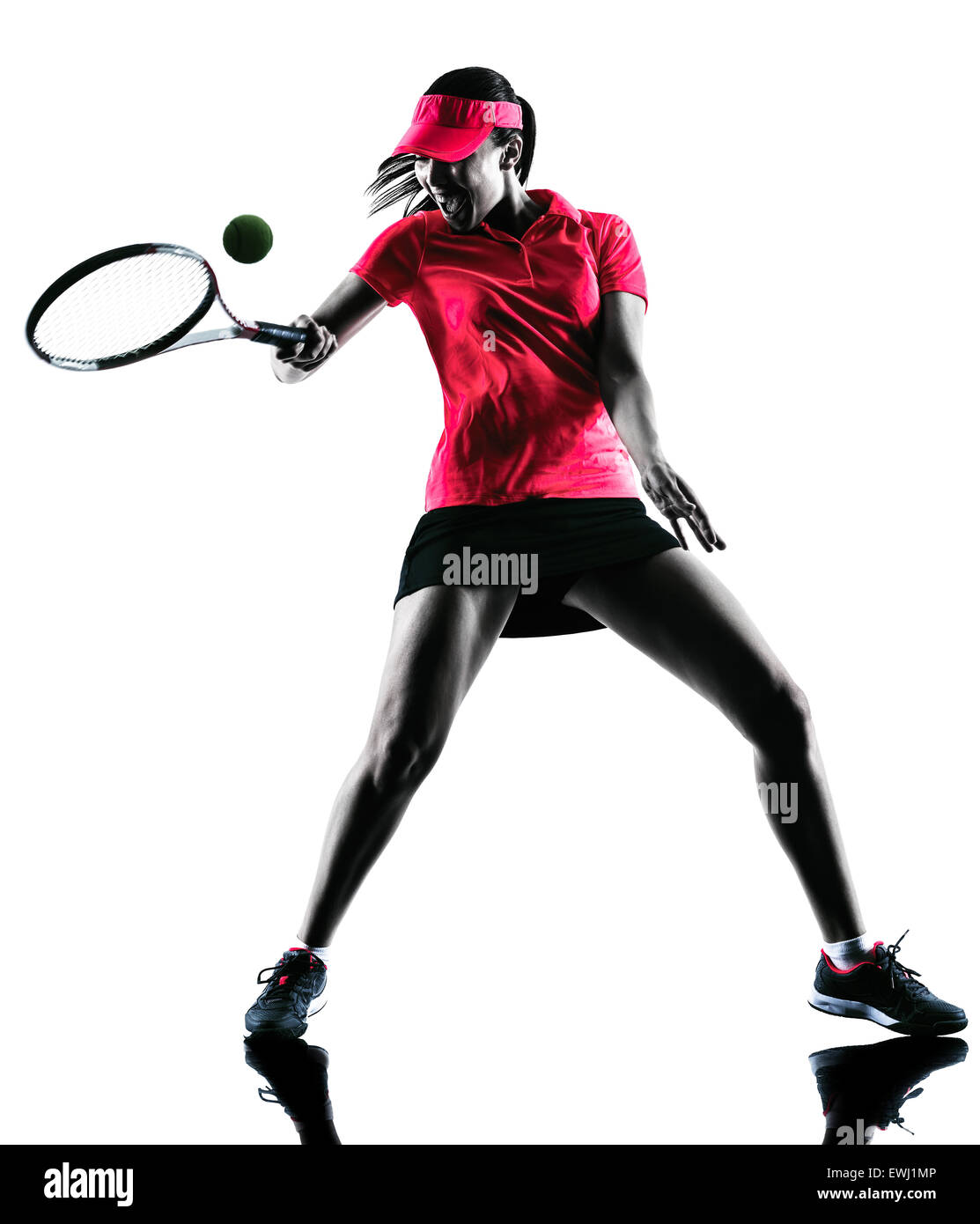 one woman tennis player sadness in studio silhouette isolated on white background Stock Photo