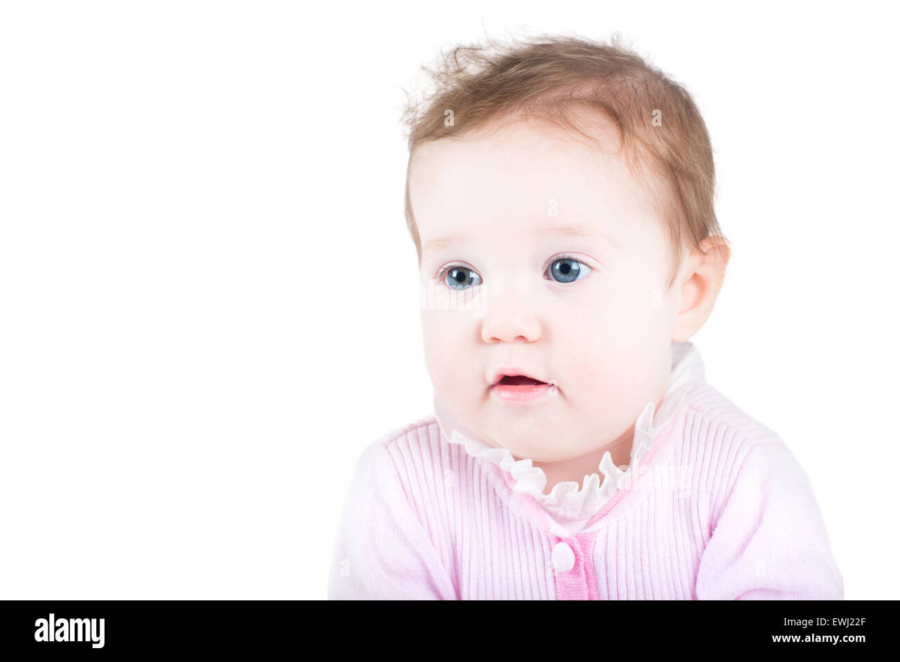 Adorable baby girl with big blue eyes, isolated on white Stock Photo