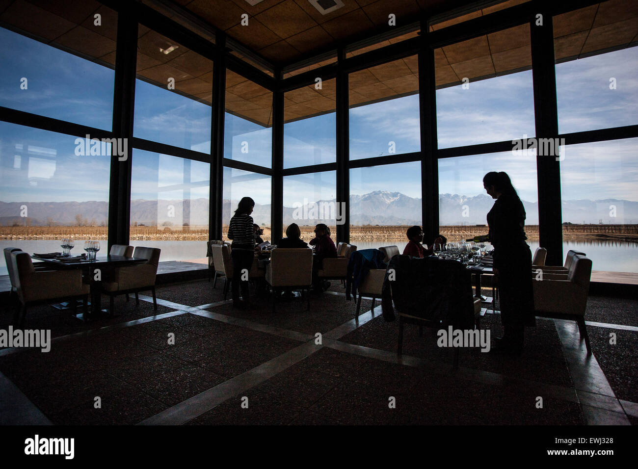 Mendoza. 24th June, 2015. Image taken on June 24, 2015 shows visitors having lunch at the Restaurant 'Urban' of the O. Fournier Winery, in La Consulta city, Mendoza province, 1,170km away of Buenos Aires city, Argentina. © Martin Zabala/Xinhua/Alamy Live News Stock Photo
