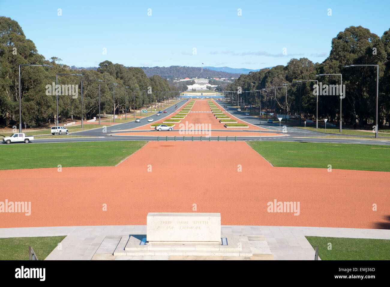view of ANZAC parade and Parliament House in Canberra from the Australian war memorial. Canberra is australia's capital city. Stock Photo