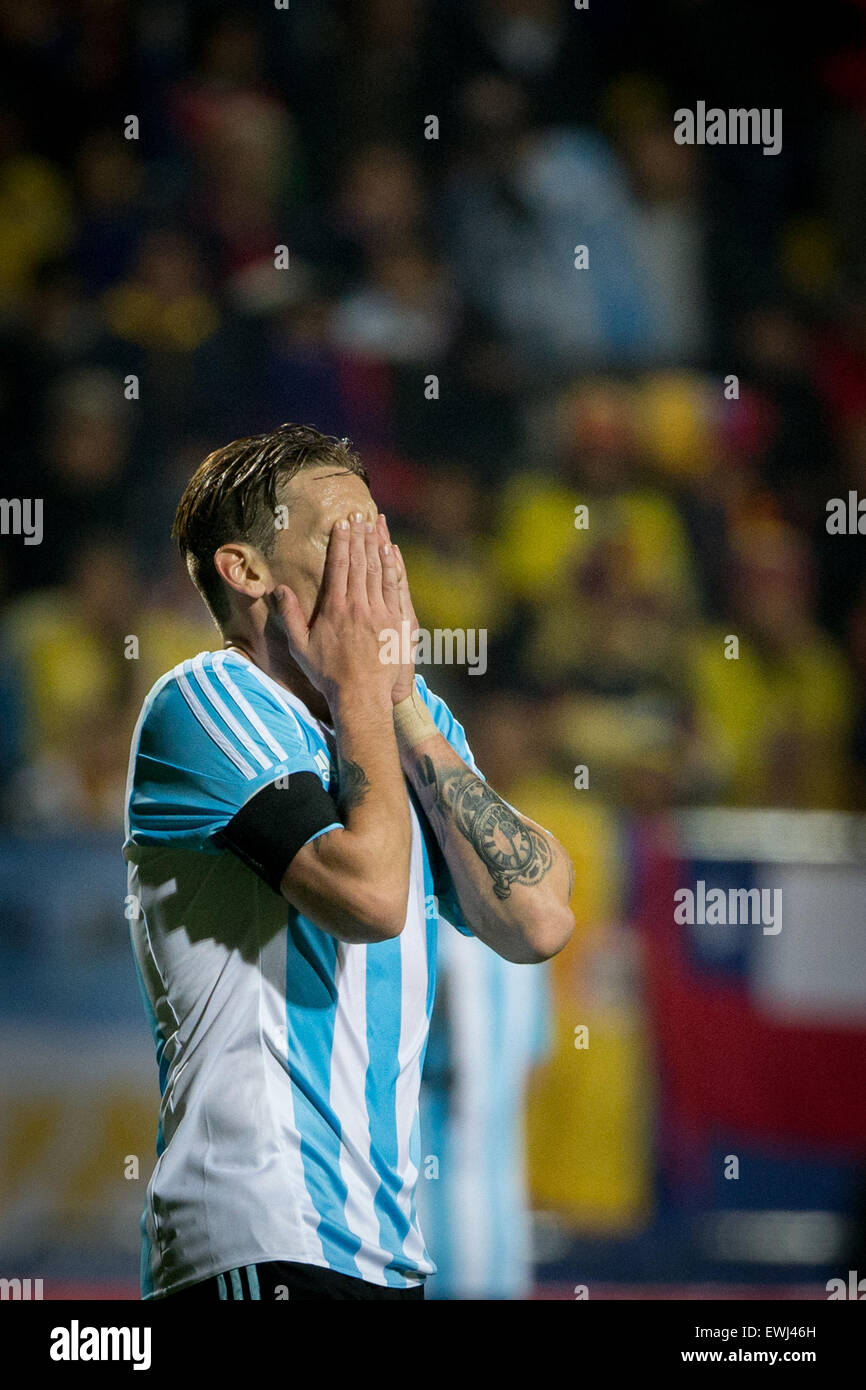 Vina Del Mar, Chile. 26th June, 2015. Argentina's Lucas Biglia reacts during the quarter-final match between Argentina and Colombia at the Copa America Chile 2015 in the El Sausalito Stadium, in Vina del Mar city, Chile, on June 26, 2015. Credit:  Pedro Mera/Xinhua/Alamy Live News Stock Photo
