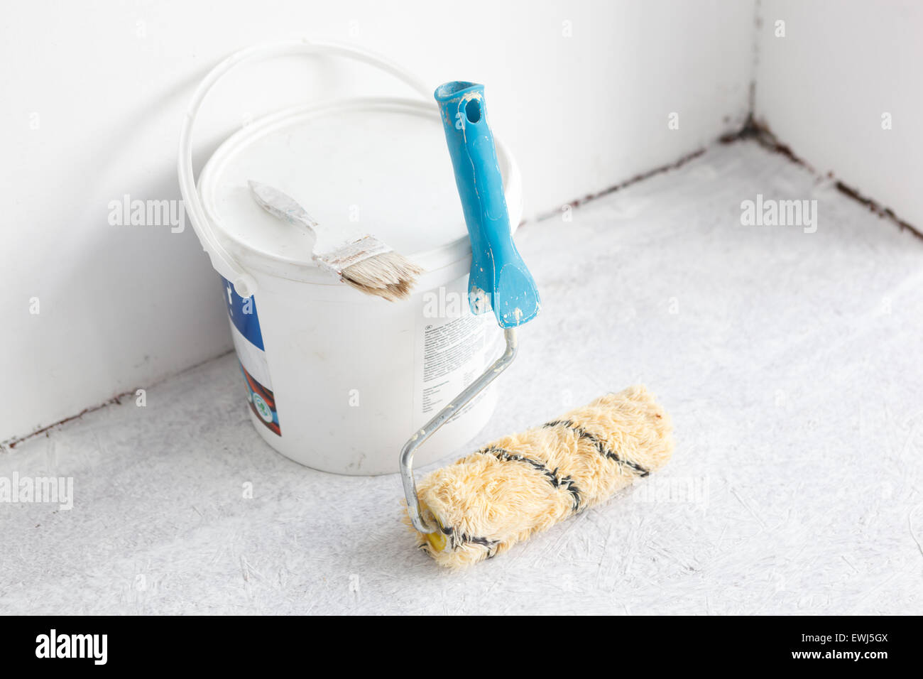 Paint bucket with roller brush on white background Stock Photo - Alamy