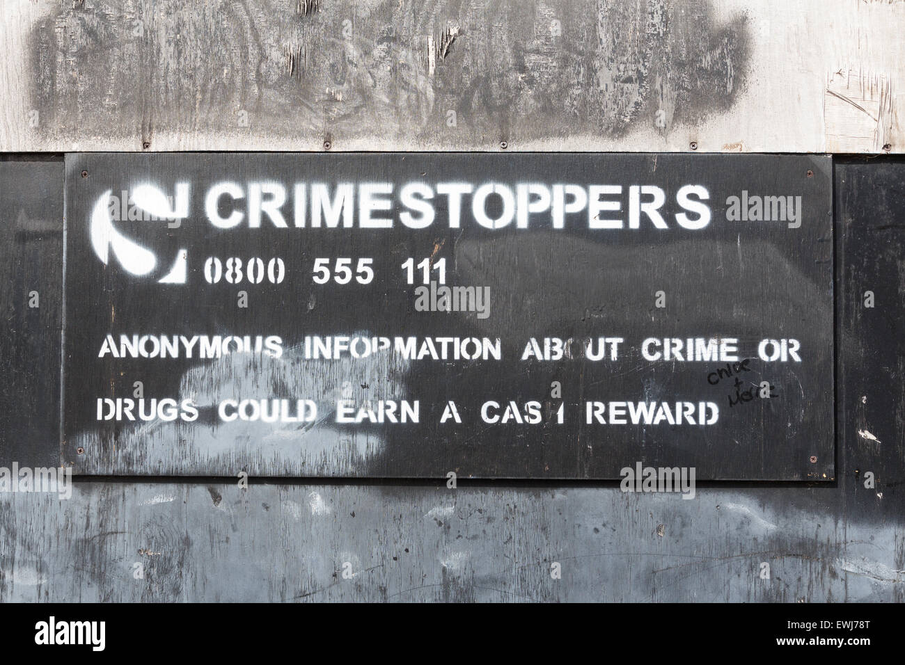 Crime stoppers sign at the former woolen mill Newsome Mill, Newsome, Hudderfield, West Yorkshire, England, UK Stock Photo
