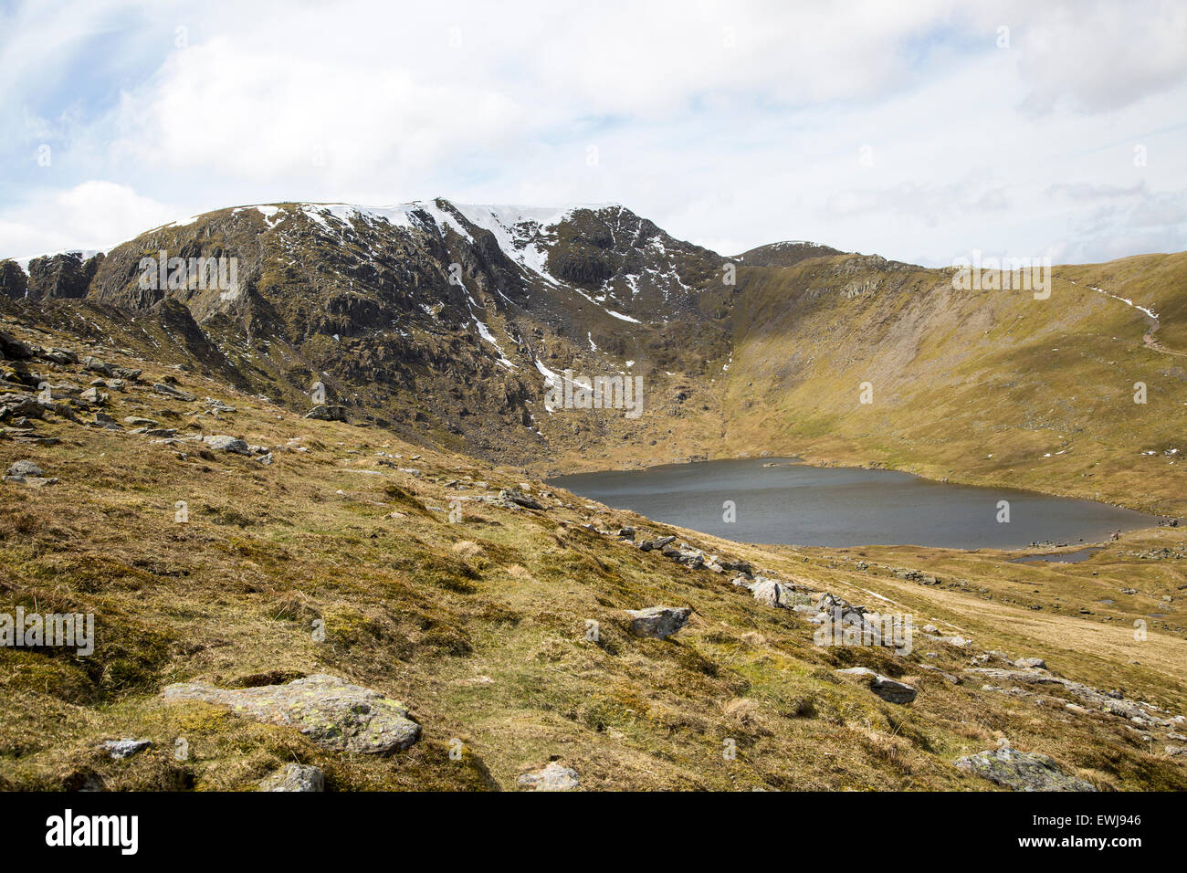 Helvellyn mountain peak and Red Tarn corrie lake, Lake District, Cumbria, England, UK Stock Photo