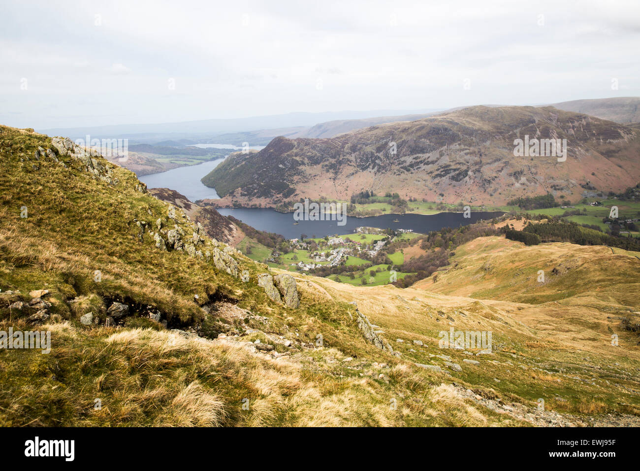 View of Ullswater lake and Glenridding village, Lake District, Cumbria, England, UK Stock Photo