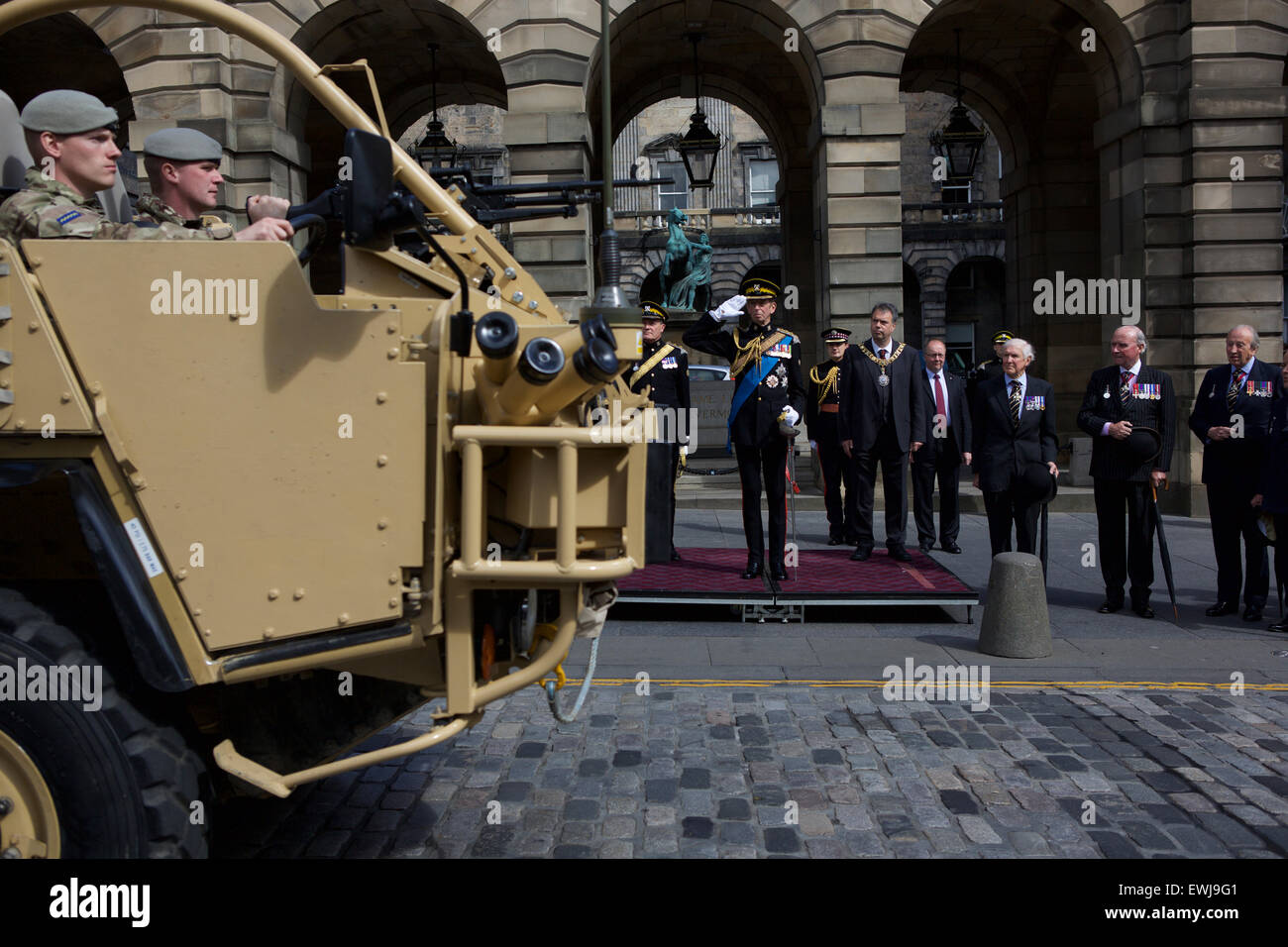 Edinburgh, Scotland, UK. 27th June, 2015. HRH The Duke of Kent takes a salute to mark the 200th anniversary of the Battle of Waterloo for the Scots Dragoon Guards Credit:  Richard Dyson/Alamy Live News Stock Photo