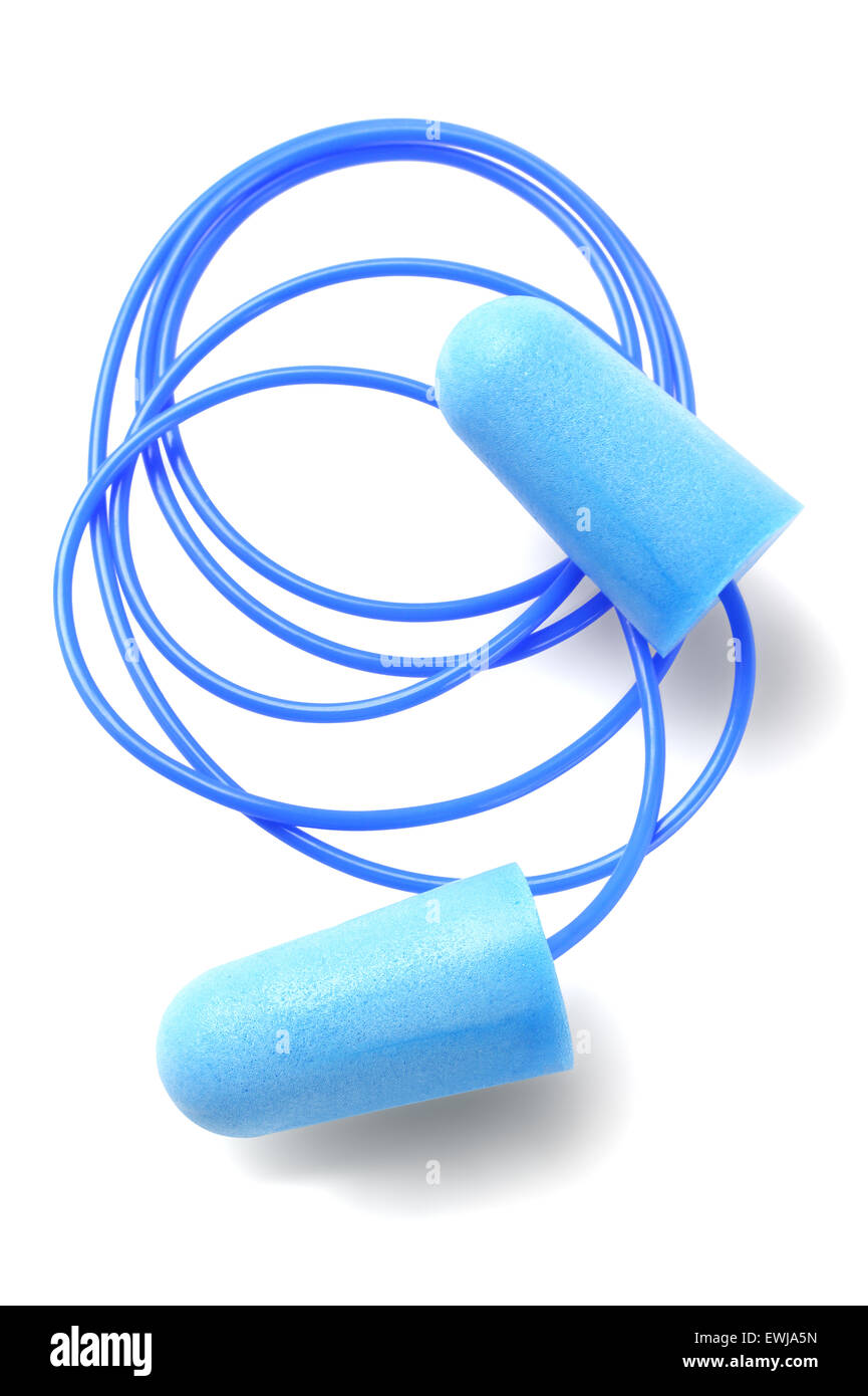 Blue Ear Plugs on White Background Stock Photo