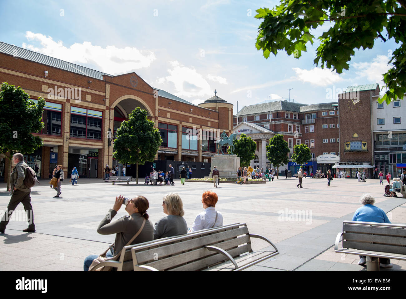 Broadgate shopping centre in central Coventry, with the statue of Lady Godiva Stock Photo