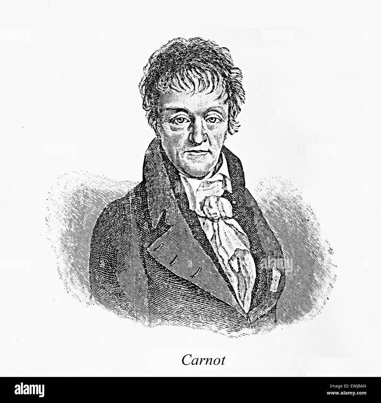 Engraving/portrait of Nicolas Léonard Sadi Carnot: 19th century French military engineer and physicist, pioneer of thermodynamics and author of the first successful theory of the maximum efficiency of heat engines Stock Photo