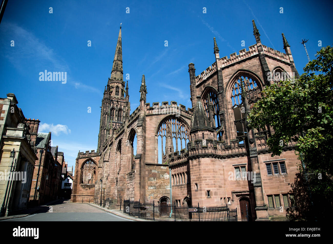 Old Coventry Cathedral and Holy Trinity spire England UK Stock Photo