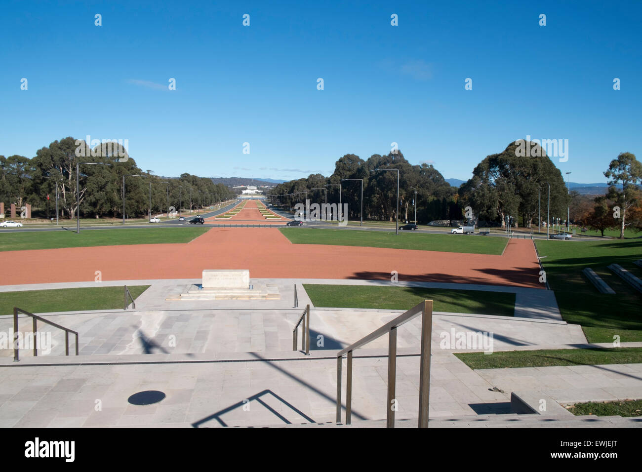 view of ANZAC parade and Parliament House in Canberra from the Australian war memorial. Canberra is australia's capital city. Stock Photo