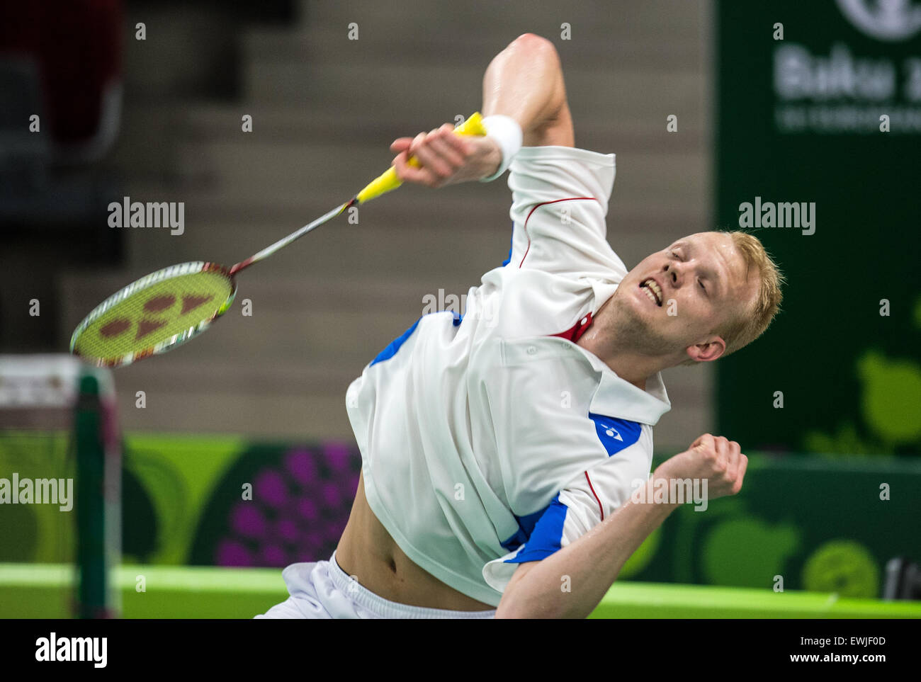 Baku, Azerbaijan. 27th June, 2015. Denmark's Emil Holst competes in the  Men's Badminton Semifinal against Germany's Domke at the Baku 2015 European  Games in Baku Sports Hall in Baku, Azerbaijan, 27 June