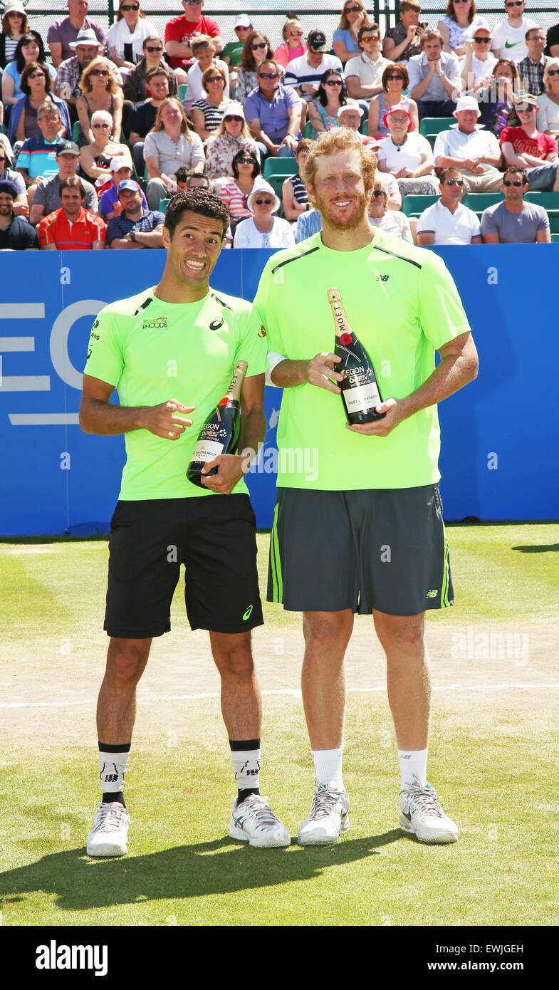 Nottingham, UK. 27th June, 2015. Aegon Nottingham Open Tennis Tournament. Men's doubles final winners Andre Sa of Brazil and Chris Guccione of Australia with their champagne Credit:  Action Plus Sports/Alamy Live News Stock Photo